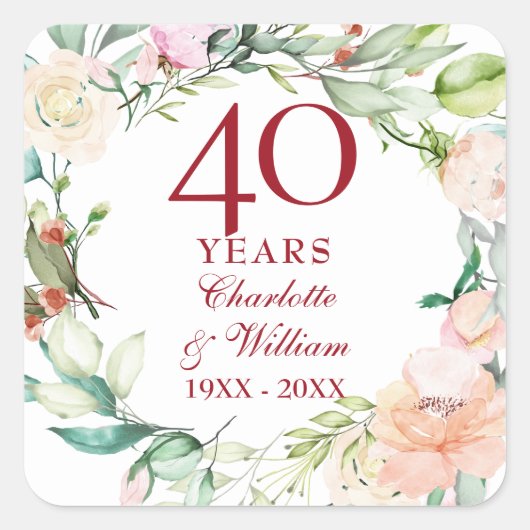 Sweet Summer Rozen Garland 40th Jubileum Vierkante Sticker (Voorkant)