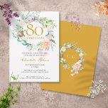 Sweet Summer Rozen Garland Monogram 80th Birthday Kaart<br><div class="desc">Deze botanische 80ste verjaardag-uitnodiging met een delicate waterverf bloemperkool kan worden gepersonaliseerd met je speciale daginformatie. Op de achterzijde staat een matchende bloemtuin die je monogram initialen in elegante goudtekst op een gouden achtergrond plaatst. Ontworpen door: Thisnotme©</div>