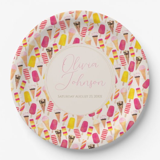 Sweet Summer Waterverf Ice Cream Papieren Bordje (Voorkant)