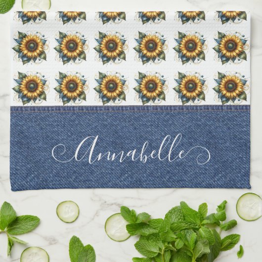 Sweet Sunflowers en Faux Denim Fancy Monogram Theedoek (Gevouwen)