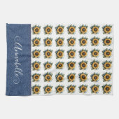 Sweet Sunflowers en Faux Denim Fancy Monogram Theedoek (Horizontaal)