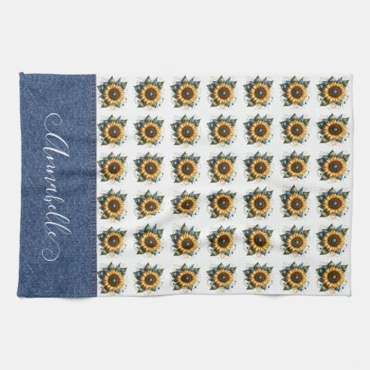 Sweet Sunflowers en Faux Denim Fancy Monogram Theedoek (Horizontaal)