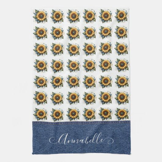 Sweet Sunflowers en Faux Denim Fancy Monogram Theedoek (Verticaal)