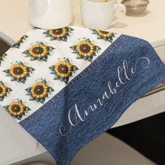 Sweet Sunflowers en Faux Denim Fancy Monogram Theedoek