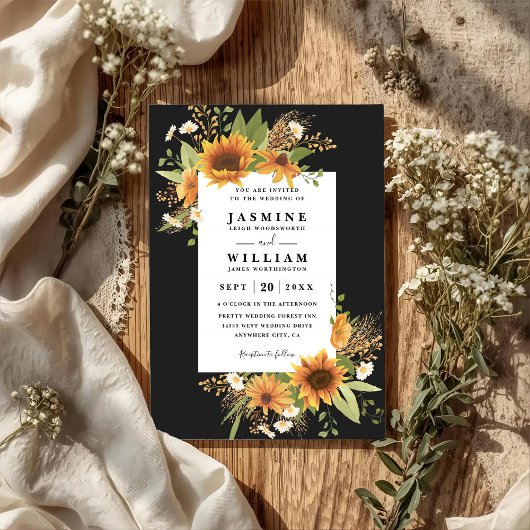Sweet Sunflowers Rustic Elegant QR Code Wedding Kaart