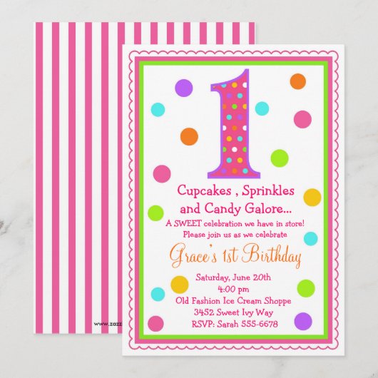 Sweet Surprise 1st Birthday Invitation Kaart (Voorkant / Achterkant)