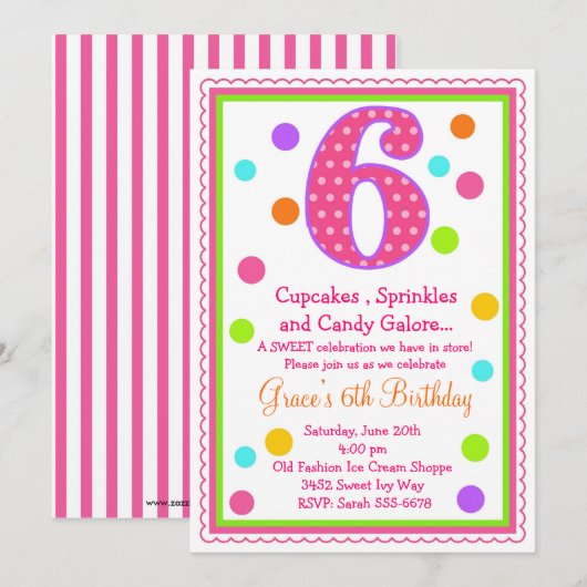Sweet Surprise 6th Birthday Invitation Kaart (Voorkant / Achterkant)