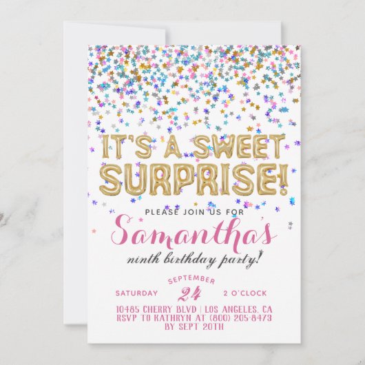 Sweet Surprise Birthday Confetti Invitation Kaart (Voorkant)