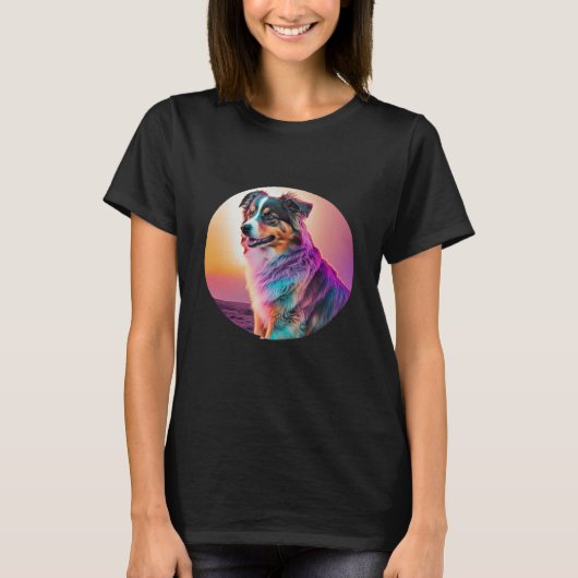 Sweet Synthwave Australian Shepherd with 80s Twist T-shirt (Voorkant)