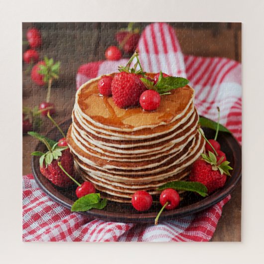 Sweet Tasty Syrup Pancakes Red Berries Food Rustic Legpuzzel (Verticaal)