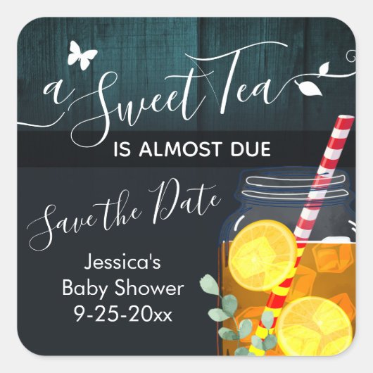 Sweet Tea Baby shower Opslaan Datum Vierkante Sticker (Voorkant)