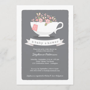 Sweet Teacup & Pink Floral Baby shower Uitnodiging