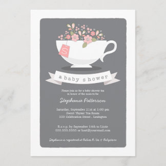 Sweet Teacup & Pink Floral Baby shower Uitnodiging