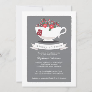 Sweet Teacup & Red Floral Baby shower Uitnodiging