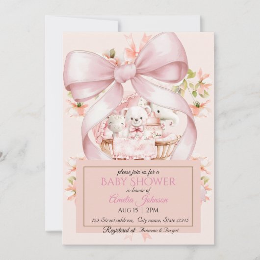 Sweet Teddy Bear and Floral Basket Invite Kaart (Voorkant)