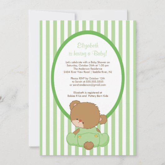 Sweet Teddy Bear Baby shower Invitation Green Kaart (Voorkant)