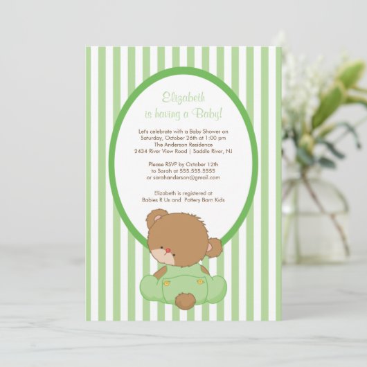 Sweet Teddy Bear Baby shower Invitation Green Kaart (Staand voorkant)