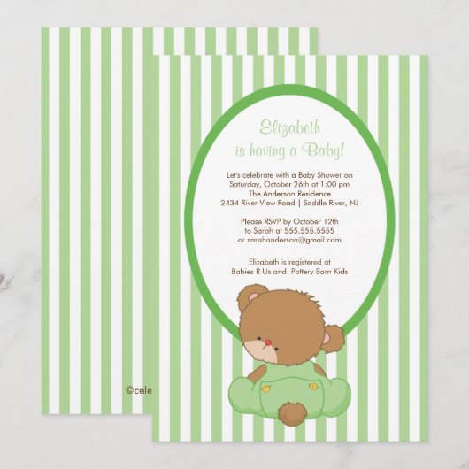 Sweet Teddy Bear Baby shower Invitation Green Kaart (Voorkant / Achterkant)