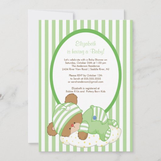 Sweet Teddy Bear Baby shower Invitation Green Kaart (Voorkant)