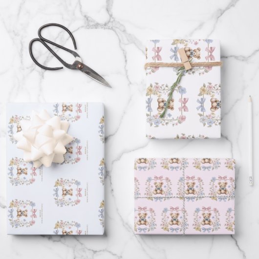 Sweet Teddy Bear Bows Baby Shower Gift Wrap Inpakpapier Vel (Voorkant)