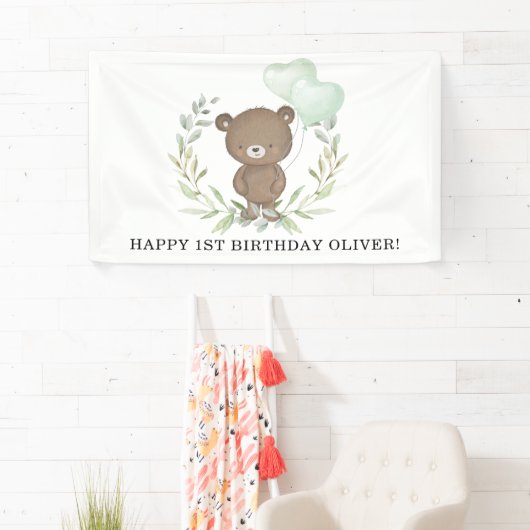 Sweet Teddy Bear Greenery Krans Happy Birthday Spandoek (Insitu)
