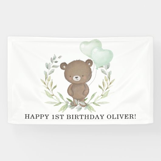 Sweet Teddy Bear Greenery Krans Happy Birthday Spandoek (Horizontaal)