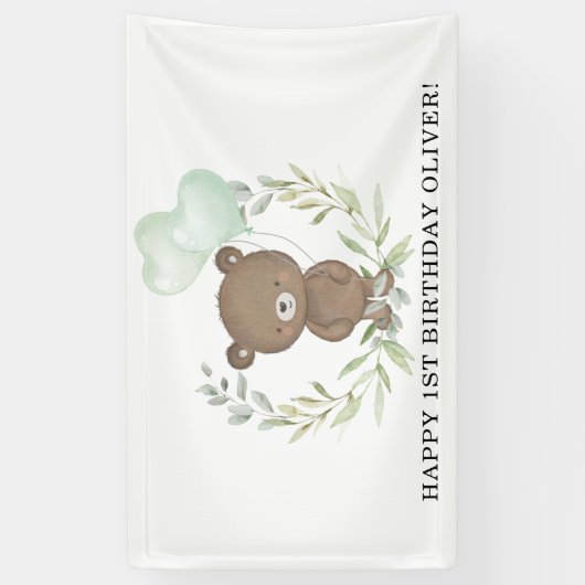 Sweet Teddy Bear Greenery Krans Happy Birthday Spandoek (Verticaal)