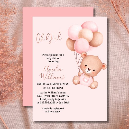 Sweet Teddy Bear Oh Girl Pink Balloon Baby shower Kaart
