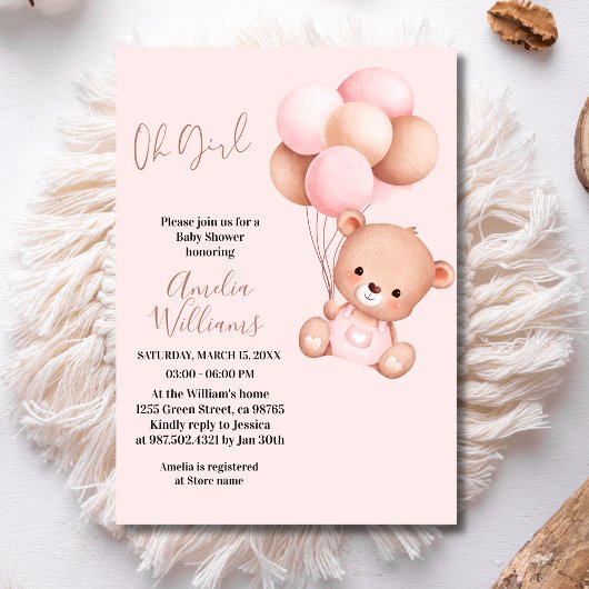 Sweet Teddy Bear Oh Girl Pink Balloon Baby shower Kaart
