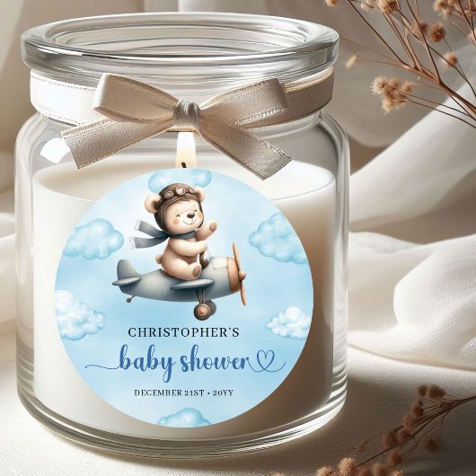 Sweet Teddy Bear Pilot Blue Brown Boy Baby Shower  Ronde Sticker