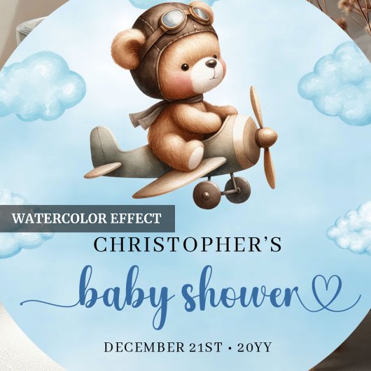 Sweet Teddy Bear Pilot Blue Brown Boy Baby Shower  Ronde Sticker