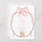 Sweet Teddy Bear & Pink Bow Baby Girl Shower Kaart (Voorkant)