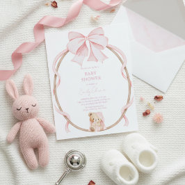 Sweet Teddy Bear & Pink Bow Baby Girl Shower  Kaart