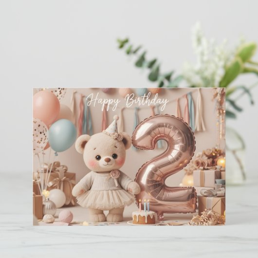 Sweet Teddy Bear Second Birthday Party  Kaart (Staand voorkant)