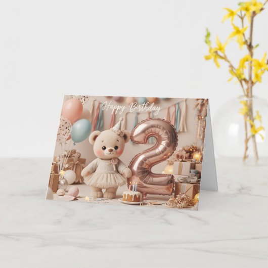Sweet Teddy Bear Second Birthday Party Kaart (Gele Bloem)