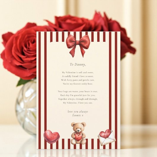 Sweet Teddy Bear Valentine Love Letter Poem card  Kaart