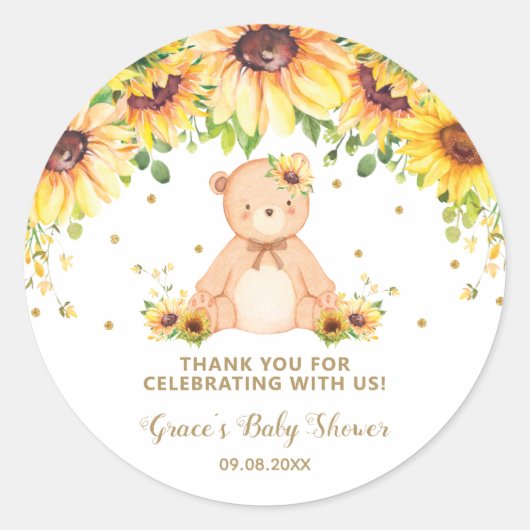 Sweet Teddy Bear Zonnebloem Dank u Gouden Glitter Ronde Sticker (Voorkant)
