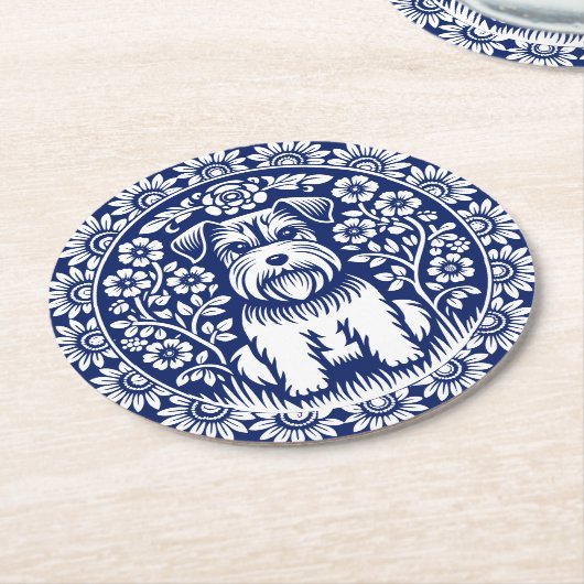 Sweet Terrier Puppy Blauw en Wit  Bloemen Ronde Kartonnen Onderzetter (Gebogen)