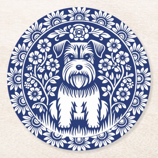 Sweet Terrier Puppy Blauw en Wit  Bloemen Ronde Kartonnen Onderzetter (Voorkant)