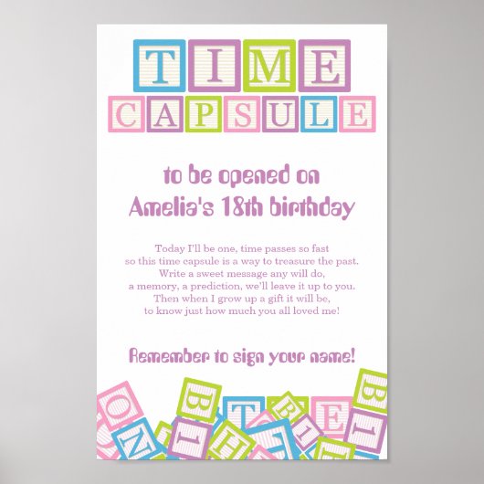 Sweet Time Capsule Blocks First Birthday Keepsake  Poster (Voorkant)