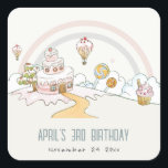 Sweet Time Snoep Kute Pastel Kids Birthday Vierkante Sticker<br><div class="desc">Het is een Elegant Simple Scetchy waterverf Illustration of pastel snoep land,  cupcake hot air ballonnen,  snoepjes en regenboog,  perfect voor je kleine verjaardagsfeestje. Het is zeer gemakkelijk om,  met uw persoonlijke details aan te passen. Als u een ander bijpassend product of aanpassing nodig hebt,  bericht dan via Zazzle.</div>