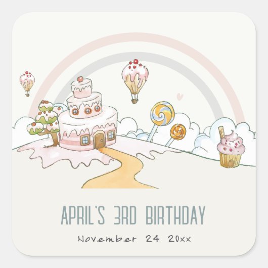 Sweet Time Snoep Kute Pastel Kids Birthday Vierkante Sticker (Voorkant)