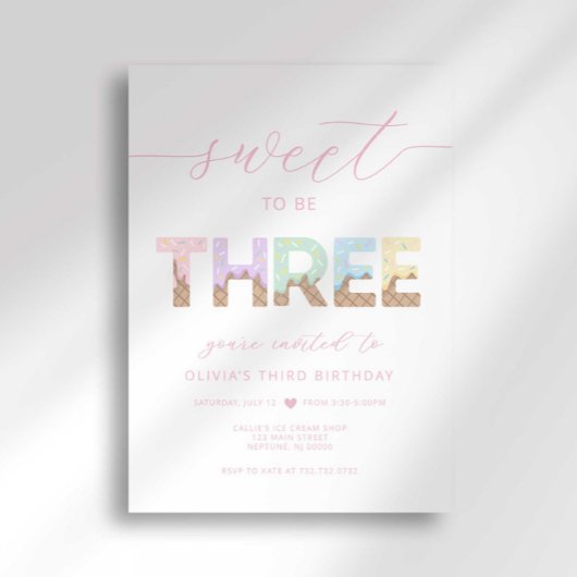 Sweet to be 3 Ice Cream Party Uitnodiging
