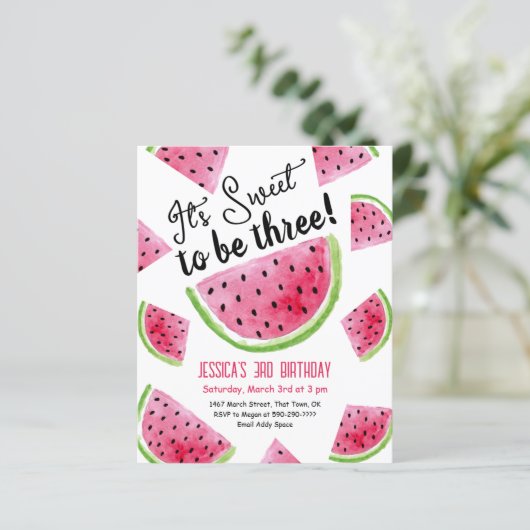 Sweet to be Three Melon Verjaardagsfeestuitnodigin (Staand voorkant)