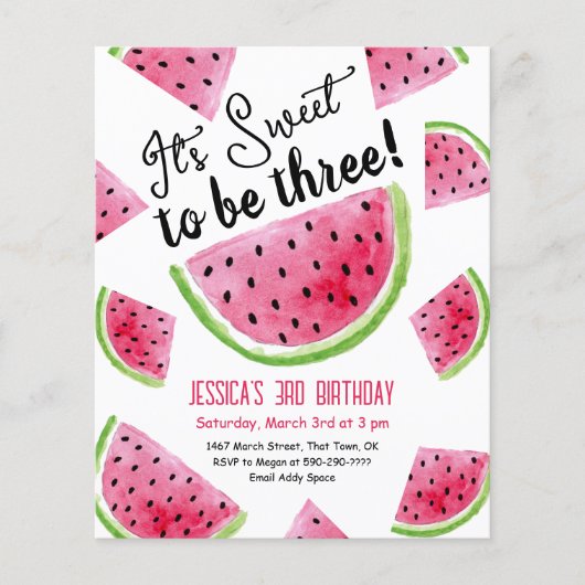 Sweet to be Three Melon Verjaardagsfeestuitnodigin (Voorkant)