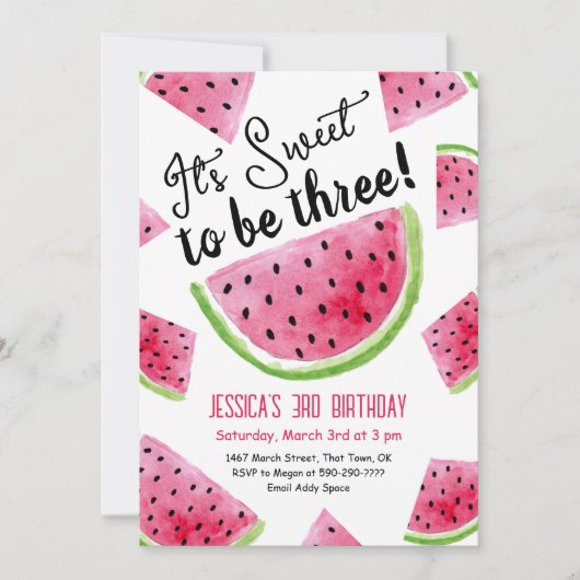 Sweet to be Three Melon Verjaardagsfeestuitnodigin Kaart (Voorkant)