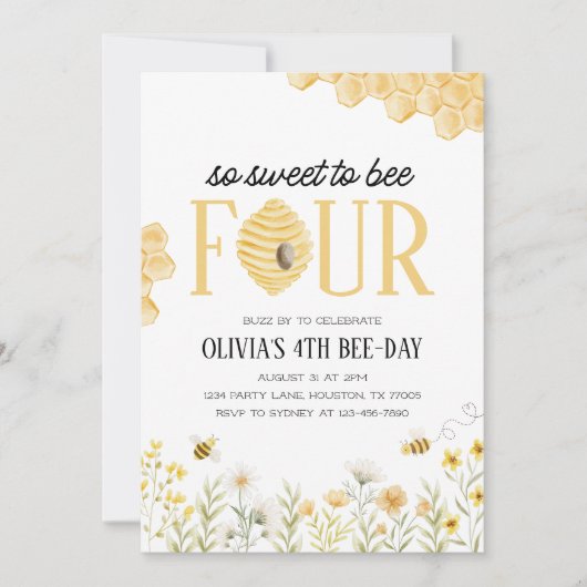 Sweet to Bee Four Bee Uitnodiging voor 4e verjaard (Voorkant)