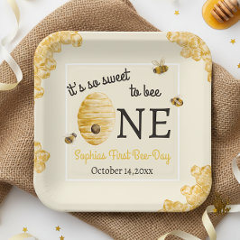 Sweet To Bee One First Birthday Watercolor Bees Papieren Bordje