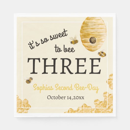 Sweet To Bee Three Third Birthday Bees Honeycomb Servet (Voorkant)