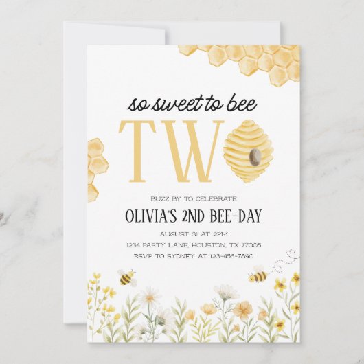 Sweet to Bee Two Bee 2nd Birthday Invitation Kaart (Voorkant)